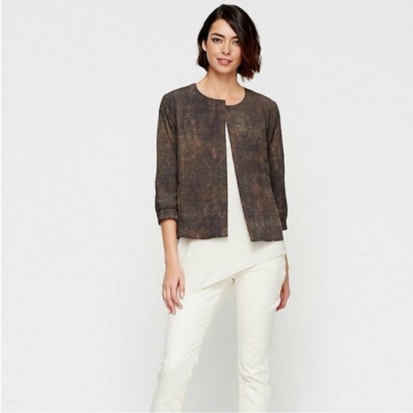 Eileen Fisher Tortoise Shell Print Silk Bomber Jacket - Picture 1 of 6